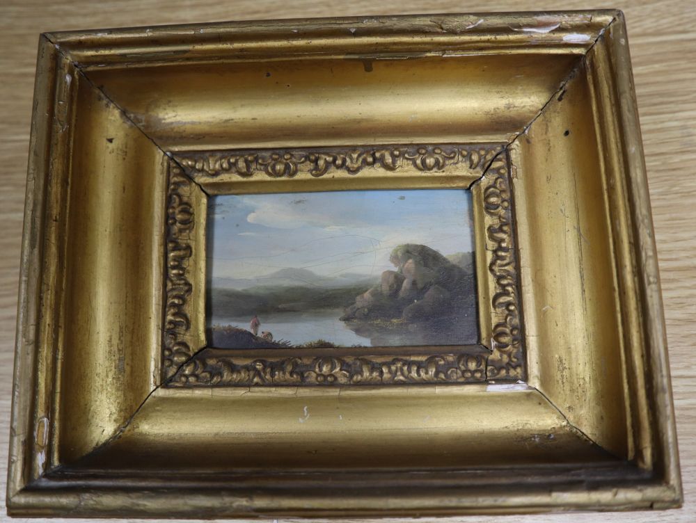 19th century English School, oil on wooden panel, Landscape with travellers beside a lake, 6.5 x 10.5cm